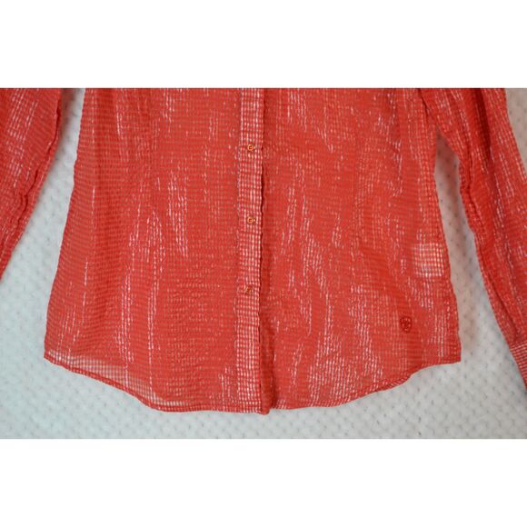 Ariat Women's Medium Red Gold Plaid Sheer Snap Button Down Long Sleeve Shirt - Picture 11 of 14